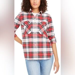 Pendleton Sz XS Flannel Shirt Button Front Red White Plaid Elbow Patches